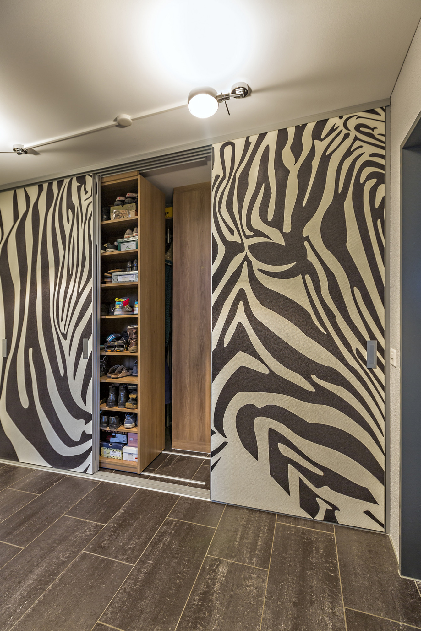 Garderobenschrank in doppelter Tiefe und Durchgang ins nächste Zimmer, geschlossen zeigt die Wand ein Zebra