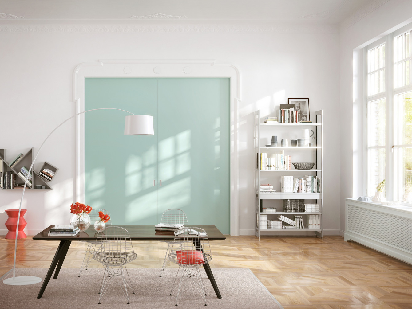 Schiebetüren in der Wand verlaufend aus Glas als Raumteiler zwischen zwei Zimmern - Foto von Raumplus 